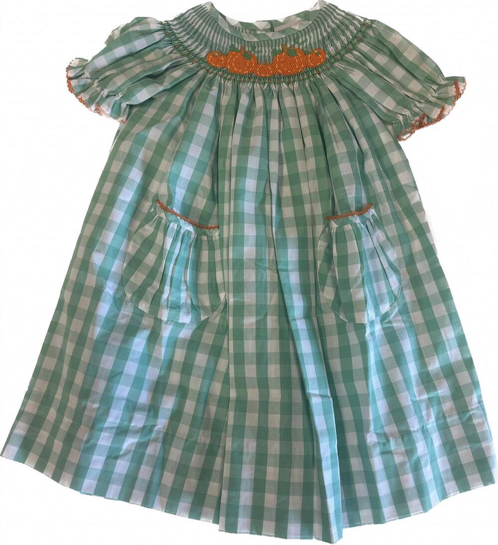 NEW DELANEY girl's pumpkin check gingham bishop dress in green